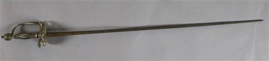 A 17th century English silver plated and steel sword, 35.25in.